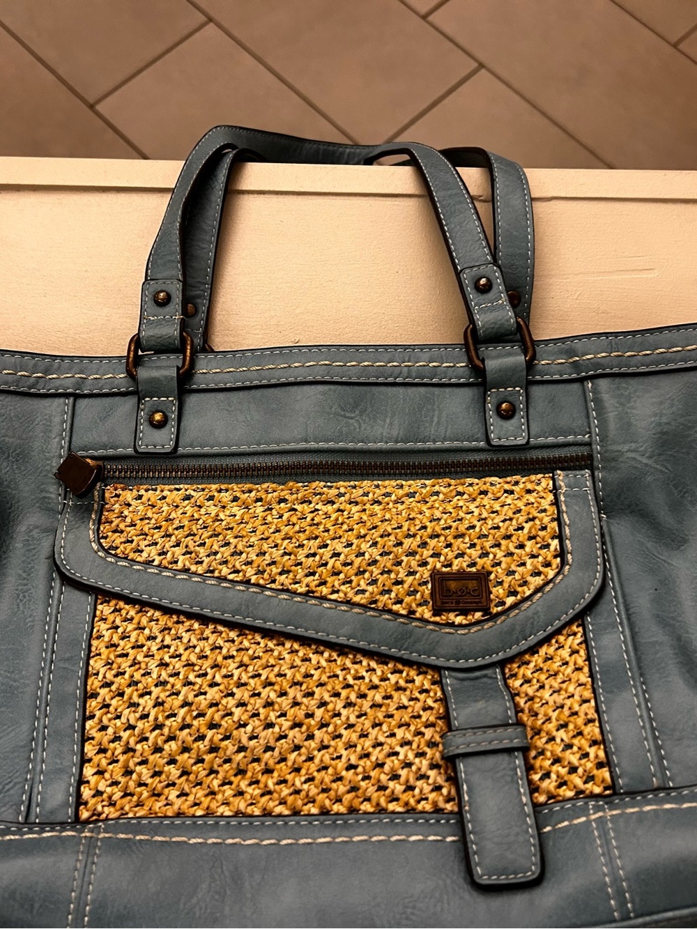 b.o.c. Teal and Tan Woven Front Tote Bag. Gorgeous